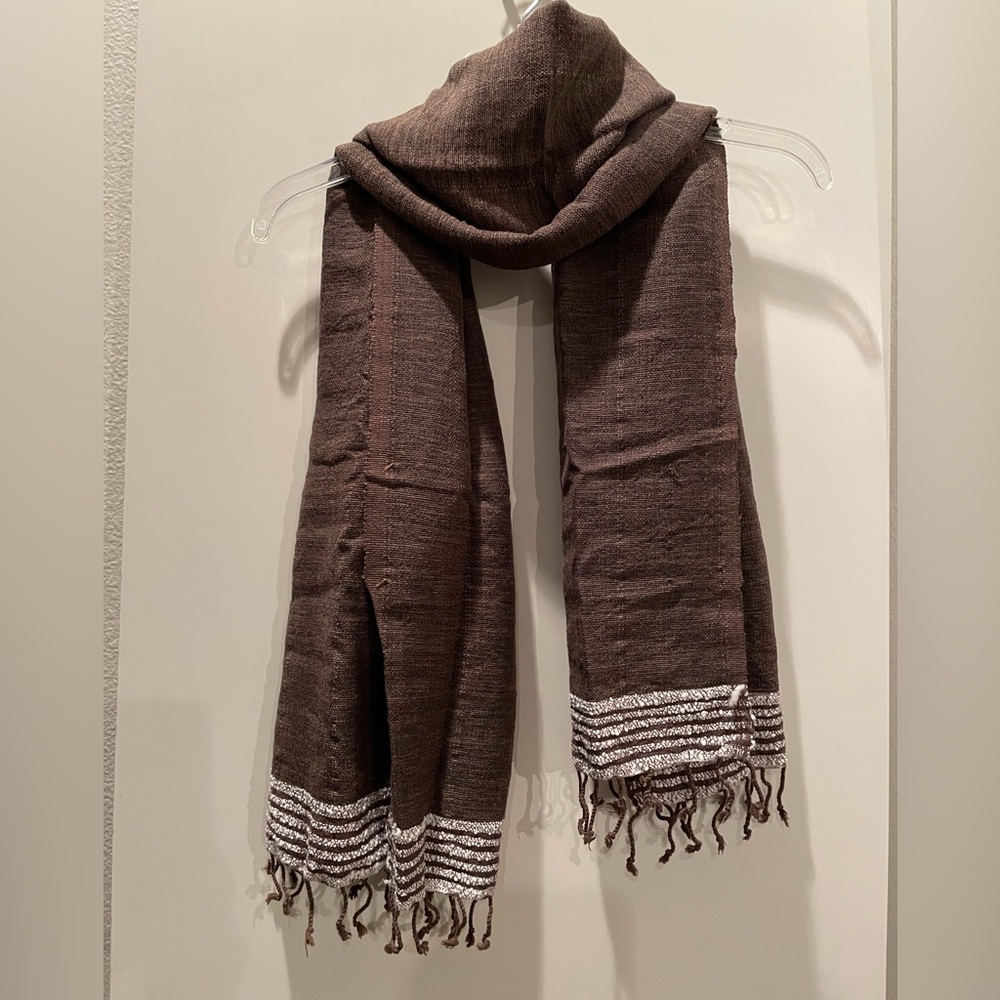 Scarf: Linen Cotton Soft Blend Brown/White Trim & Fringe (54” x 23 w)